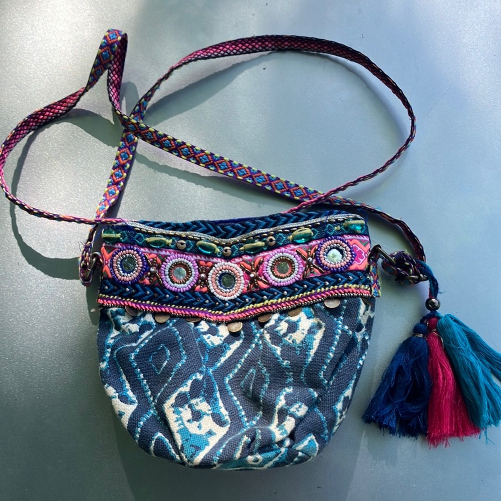 Vibrant Blue and Pink Crossbody Bag with Embroidered Band